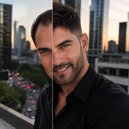 Before-and-after split of a man with hairstyle changed and beard added on a rooftop