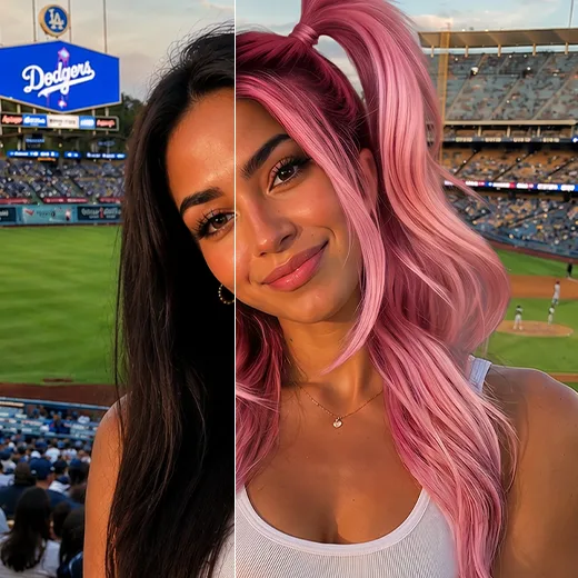 Before-and-after split of a woman with hair color changed from black to pink at a stadium