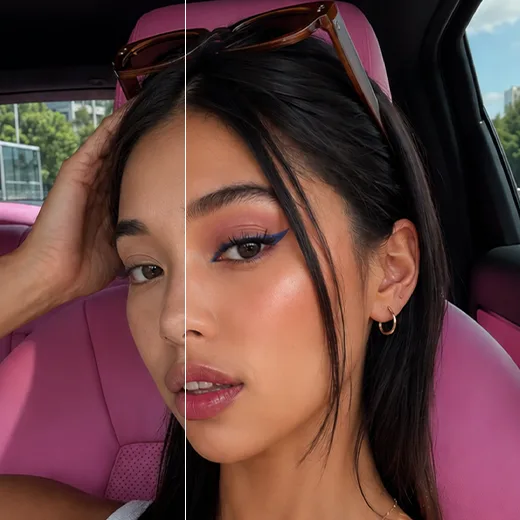 Split before-and-after selfie of a woman in a car showing added eyeliner and eyeshadow makeup