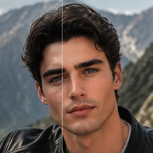 Split before-and-after portrait of a man against mountains showing smoothed, retouched skin