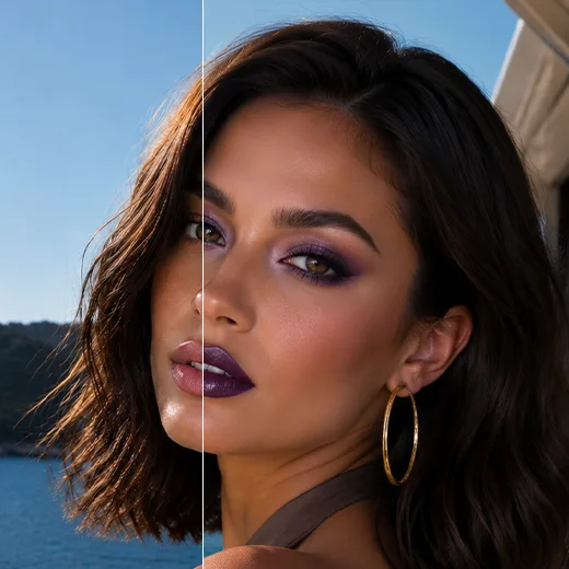 Split before-and-after portrait of a woman by the water showing added purple eyeshadow and lipstick