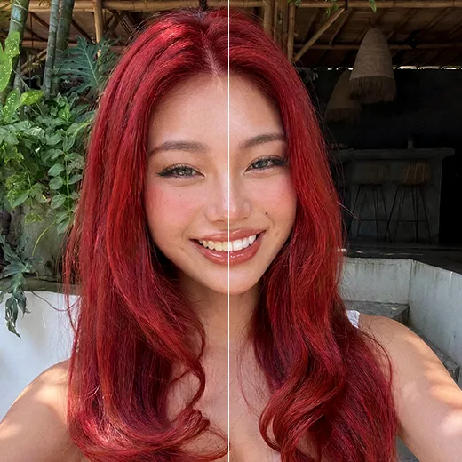 Red-haired woman's outdoor selfie, before and after AI teeth whitening