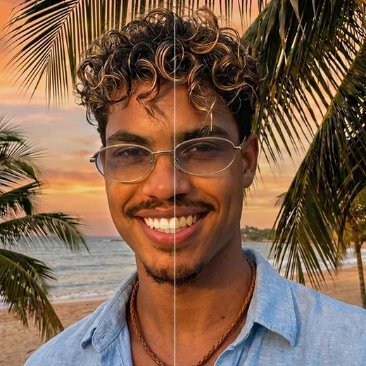Curly-haired man wearing glasses on a beach at sunset, before and after teeth whitening
