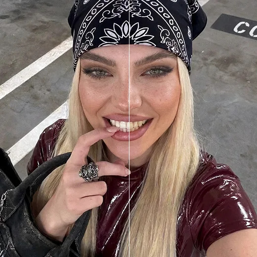 Blonde woman in a bandana biting her finger and smiling, before and after teeth whitening