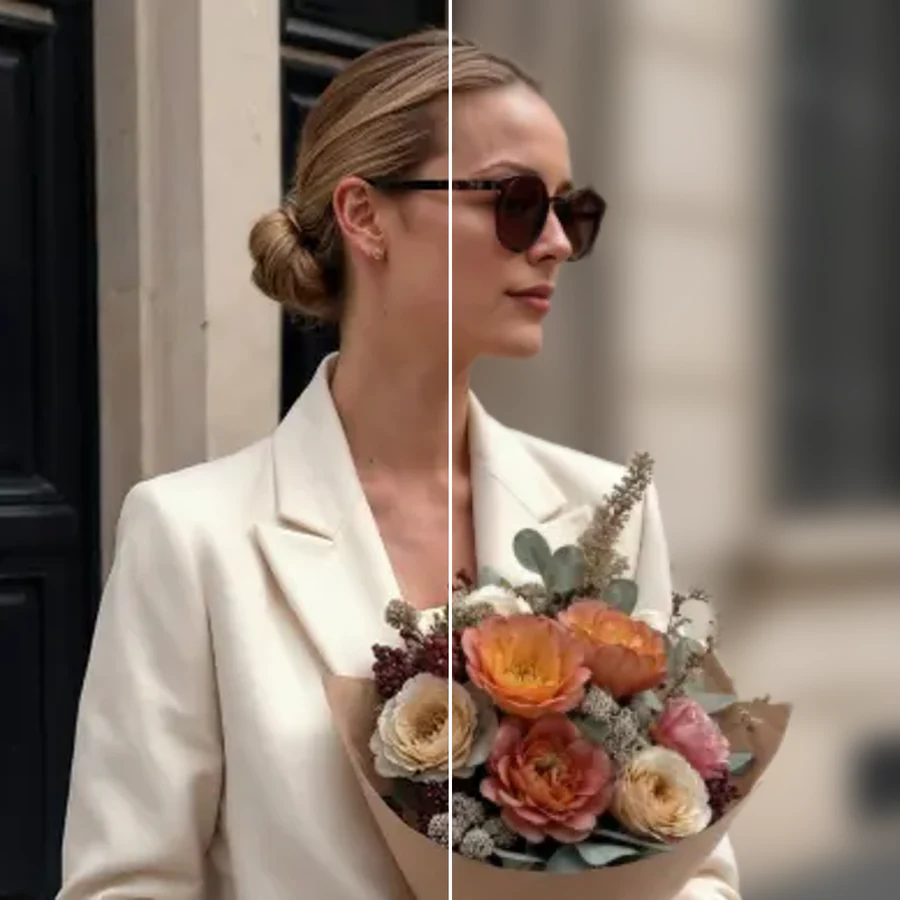 Side-by-side comparison of a portrait with a directional motion-blurred background and one with a radial zoom-blurred background, person kept sharp