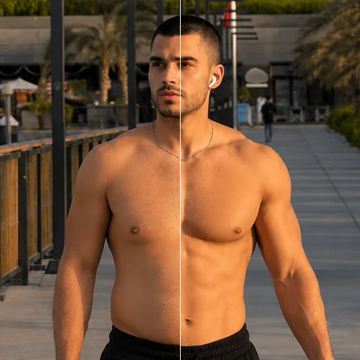 Before-and-after split of a shirtless man showing enhanced chest and ab muscle definition