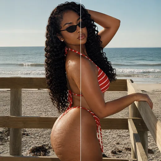 Before-and-after split of a woman in a red bikini on a boardwalk with body shape adjustments