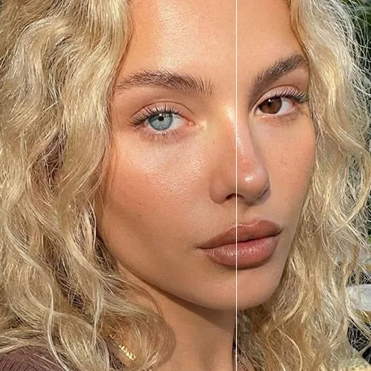 Split before-and-after portrait of a curly-haired blonde woman with one blue eye and one brown eye