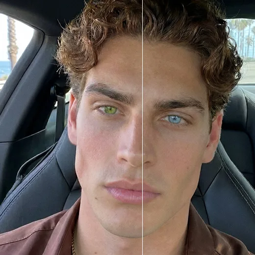 Split before-and-after selfie of a man in a car with one green eye and one blue eye