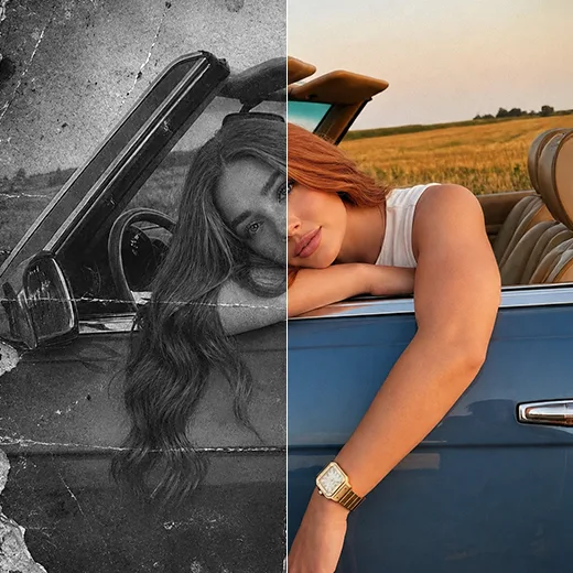 Faded black-and-white vintage car photo transformed into a sharp, colorized image after upscaling