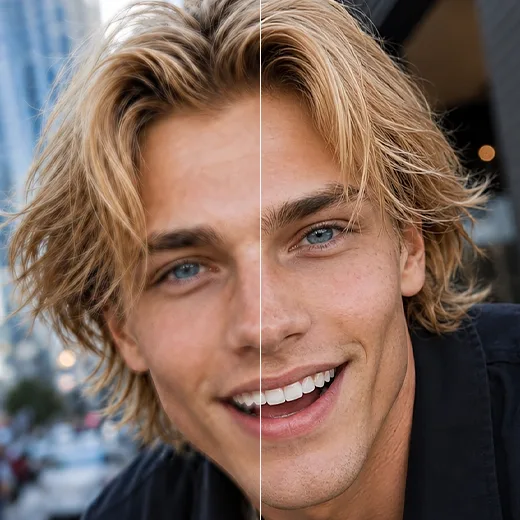 Blurry close-up portrait of a young blond man's face upscaled into a sharp, detailed image