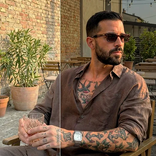 Before-and-after split photo of a tattooed man in a linen shirt holding a drink outdoors