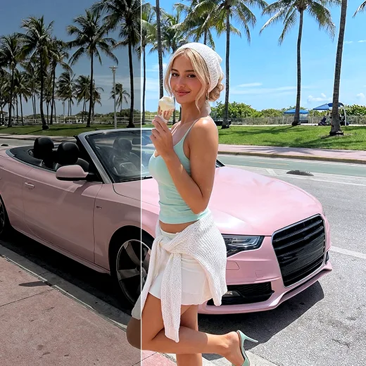 Before-and-after split photo of a blonde woman eating ice cream beside a pink convertible on a palm-lined street