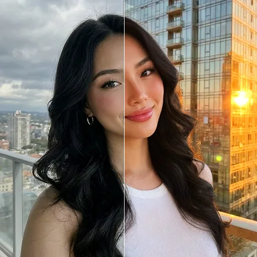 Before-and-after split portrait of a woman with dark wavy hair on a balcony at overcast day versus golden sunset