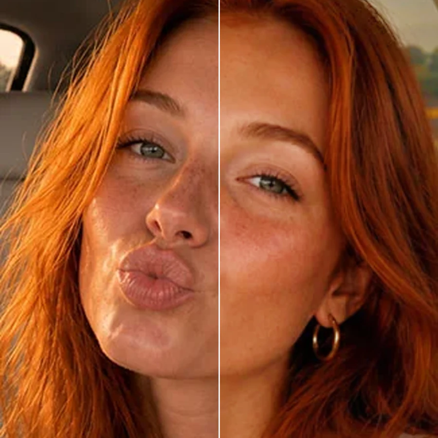 Before-and-after split of a photo showing warm light leak streaks added across the frame for a retro film look