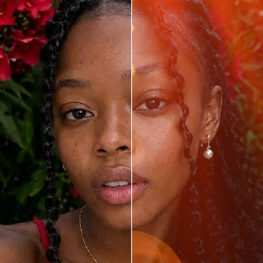 Before-and-after split of a photo showing a natural lens flare added near a bright light source