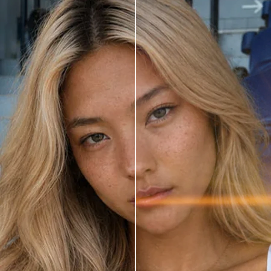 Before-and-after split of a photo showing golden sun ray overlays streaming through the scene