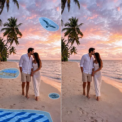 Couple embracing on a beach at sunset, before and after removing scattered background objects