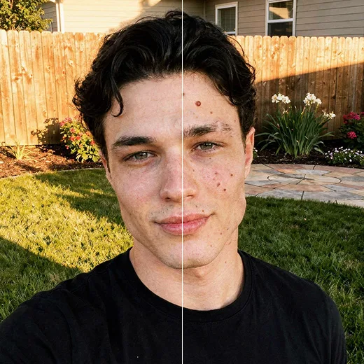 Man's backyard selfie before and after removing facial blemishes and moles