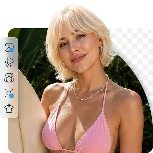 Woman in a pink bikini top holding a surfboard, background removed to transparent with an editing toolbar shown