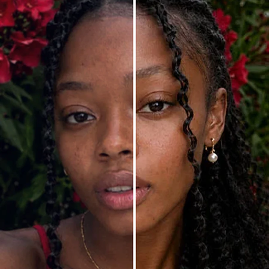 Before-and-after split of an underexposed photo corrected with balanced exposure, lifted shadows, and recovered highlight detail