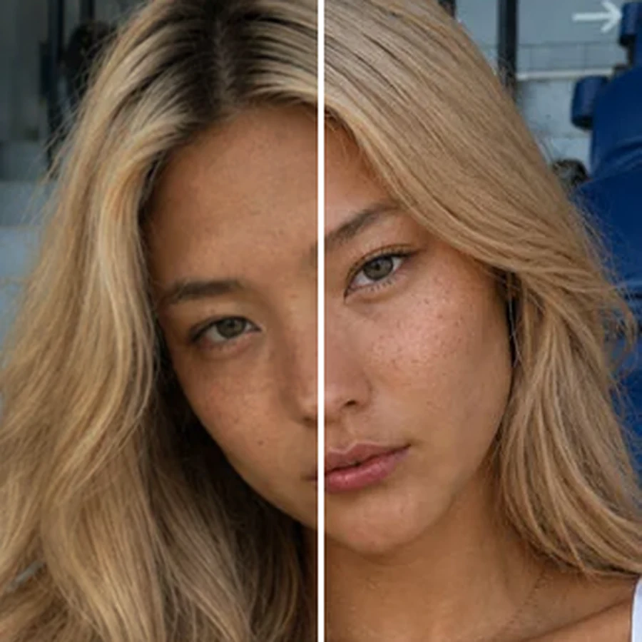 Before-and-after split of a photo with a yellow indoor color cast corrected to neutral, true-to-life white balance