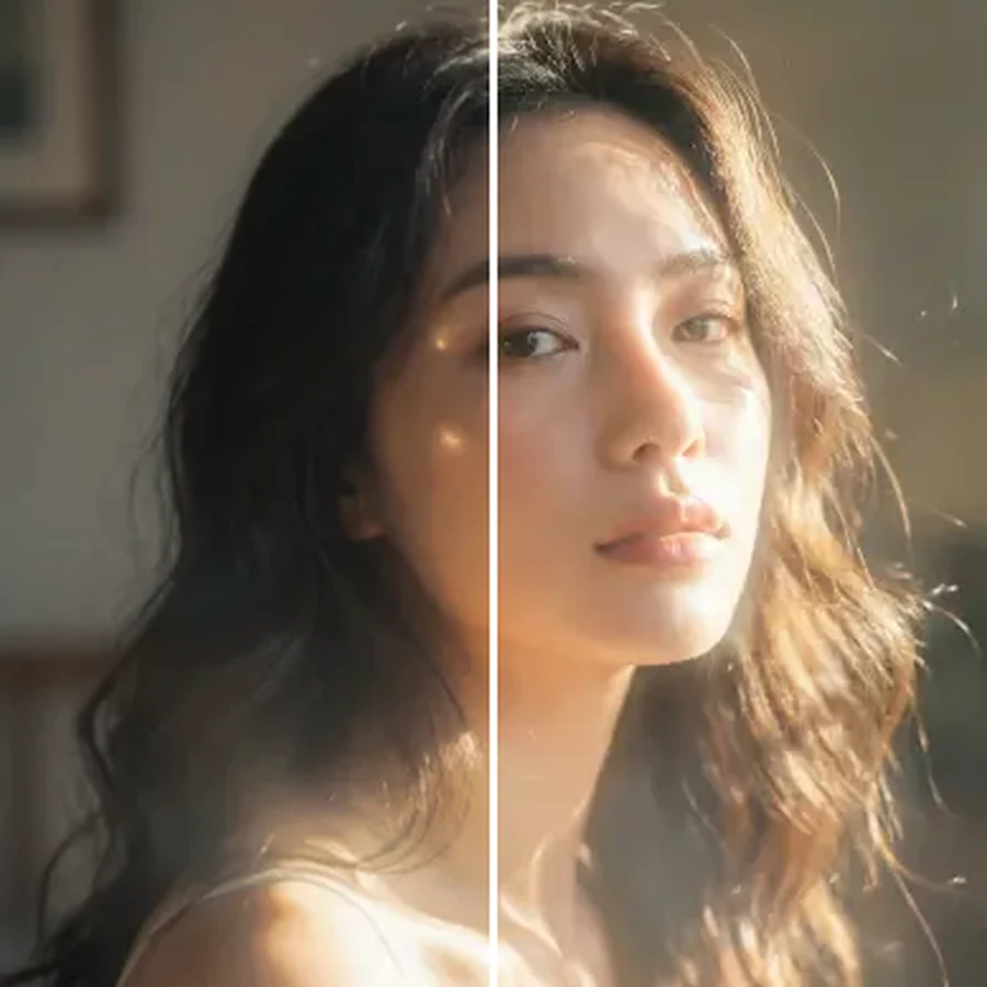 Before-and-after split of a flat, dull photo enhanced with added vibrance, saturation, and clarity for richer color