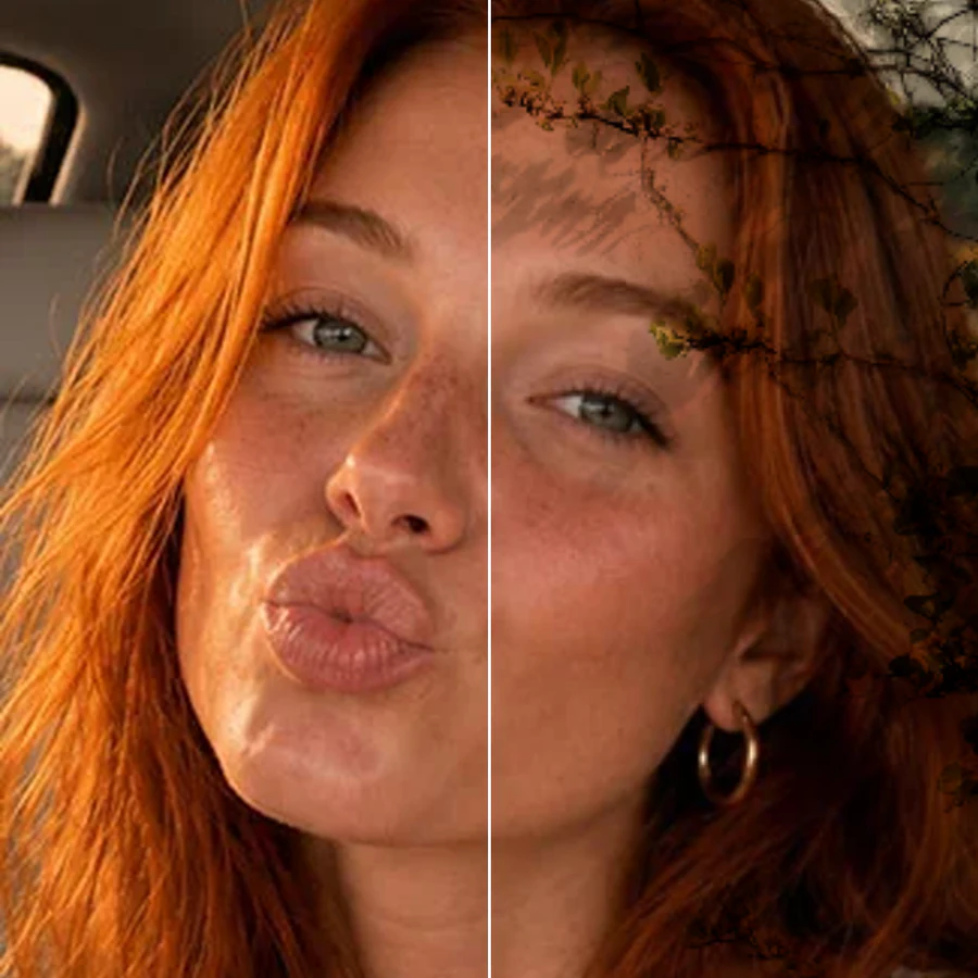 Before-and-after photo split showing a clean digital photo on one side and the same photo with a fine film grain overlay applied on the other