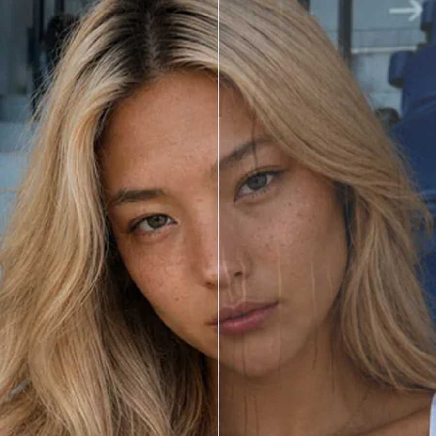 Before-and-after photo split showing a plain photo on one side and the same photo layered with a grunge paper texture overlay on the other