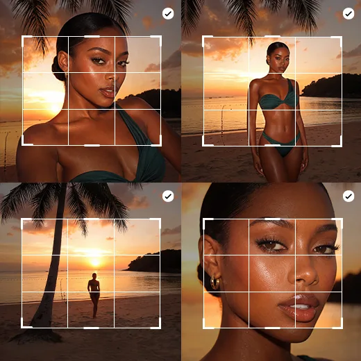 Four cropped beach photos of a woman in swimwear with grid overlays and checkmarks