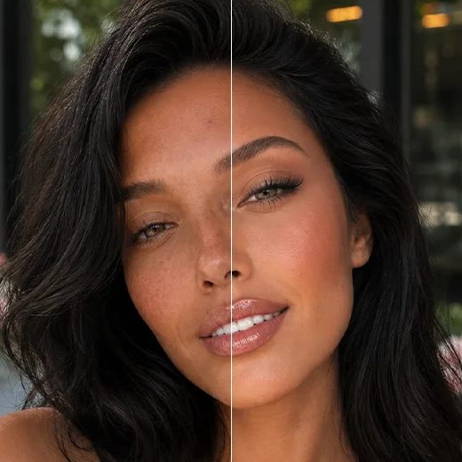Before-and-after split close-up of a woman's face showing textured skin on one side and smoothed skin on the other