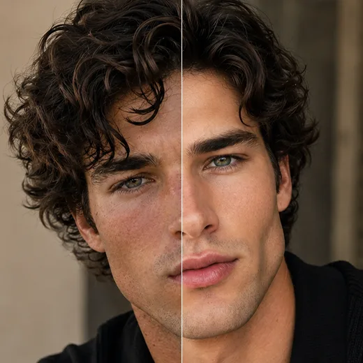 Before-and-after split close-up of a curly-haired man's face showing blemished skin versus smoothed, even-toned skin