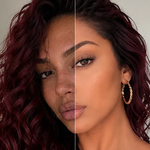 Before-and-after split close-up of a red-haired woman's face showing visible skin texture versus smoothed, even complexion