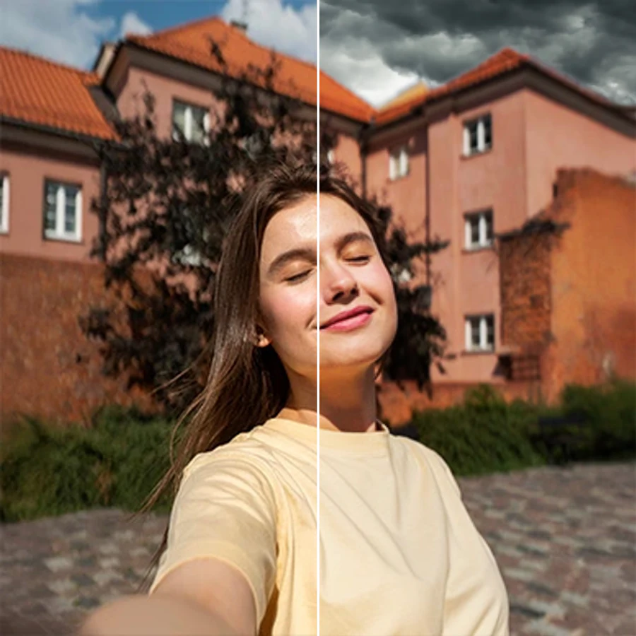 Before-and-after split of a landscape photo showing a flat grey sky on one side and a vivid golden sunset sky on the other