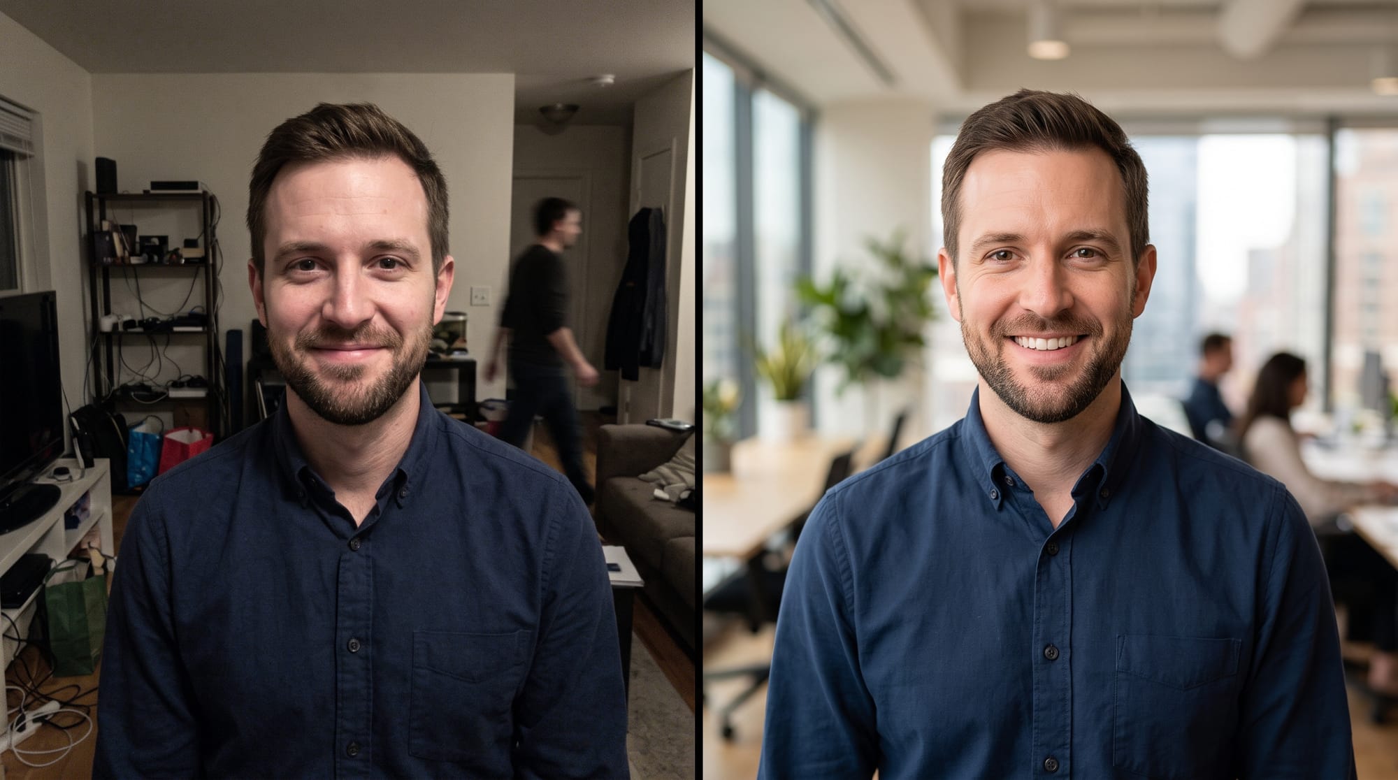 Before and after comparison of a professional headshot edited for a LinkedIn profile picture