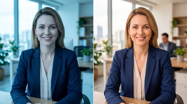 Before and after comparison of a professional LinkedIn profile photo edited with Facelab