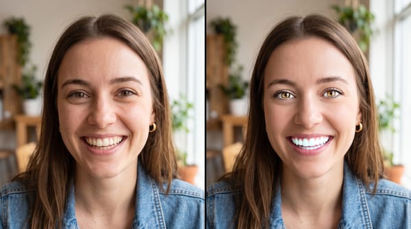 Before and after comparison of a smiling portrait edited for social media with Facelab